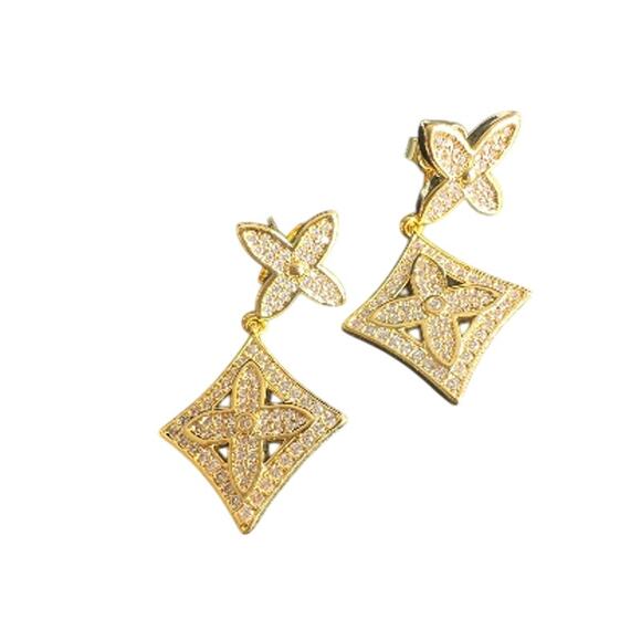Louis Vuitton Gold LV Monogram Flower Crystal Dangle Drop Earrings (LVXX010) - Picture 3 of 6